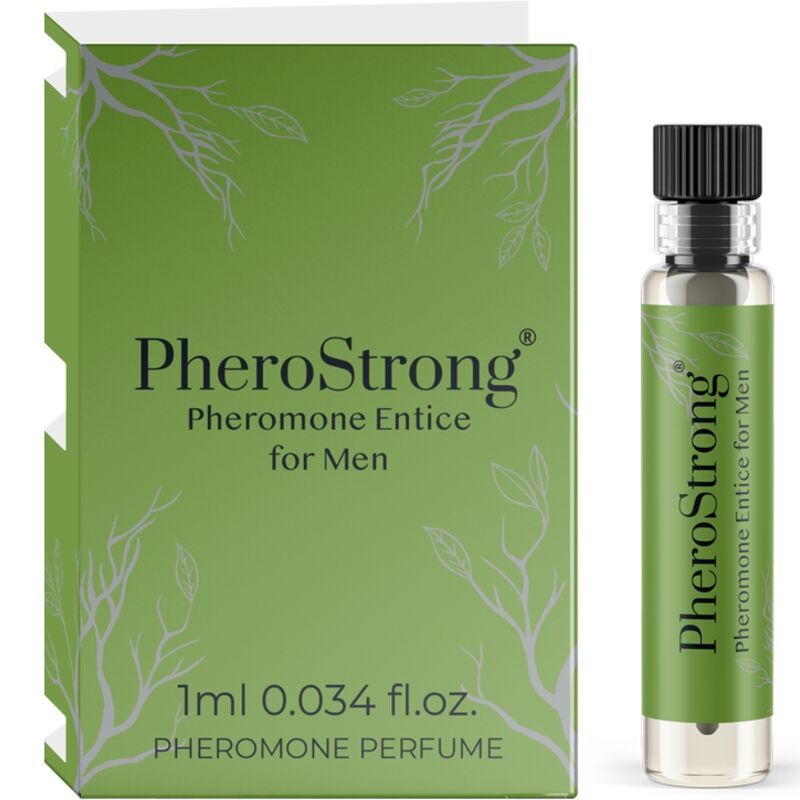 Grüne Schachtel und Flakon. Aufschrift: PheroStrong Pheromone Entice für Männer. Flakon mit schwarzem Verschluss.
