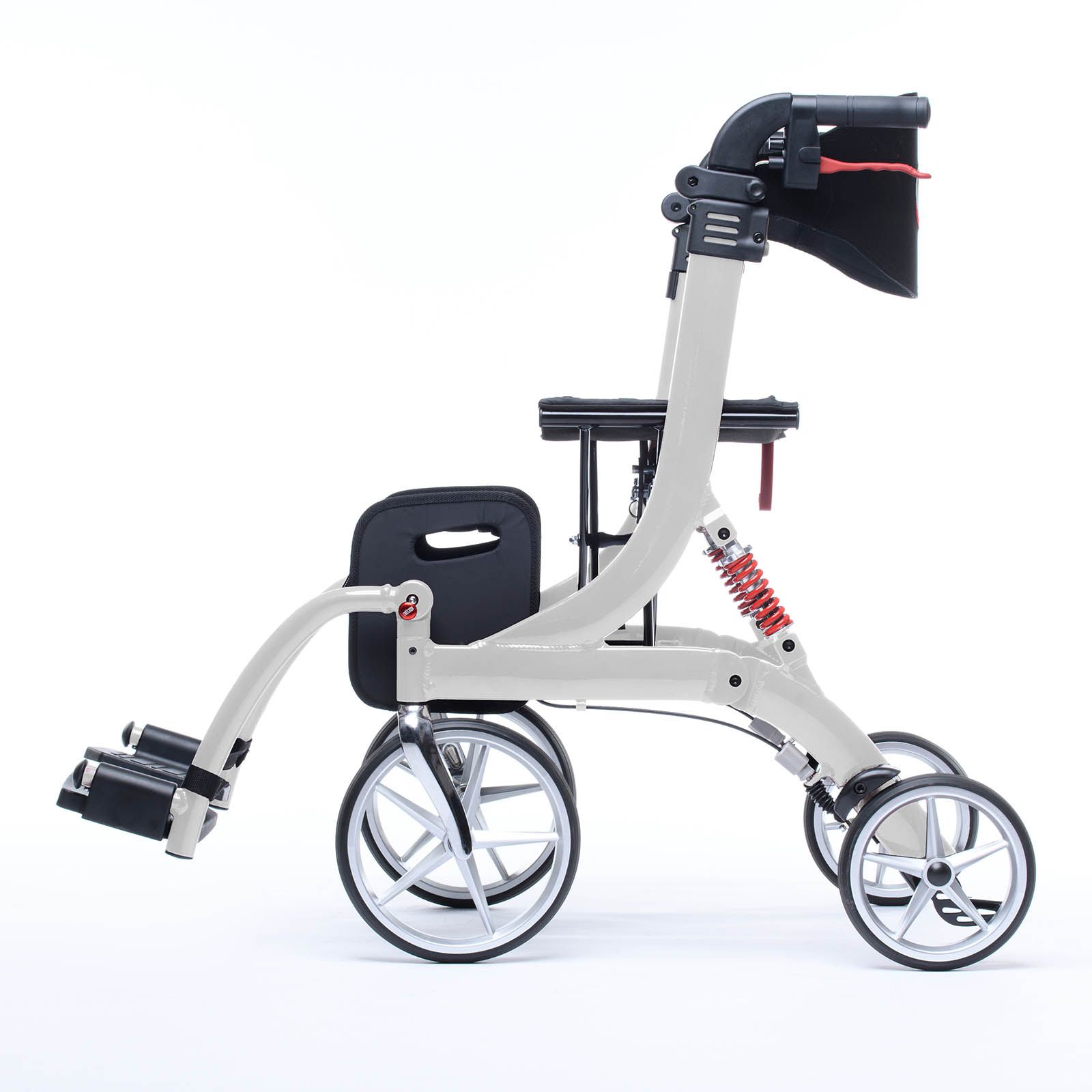 Rollator SPRING VARIO mit Rollstuhl Funktion, weißes Gestell, schwarzer Sitz, rote Federung, vier Räder.
