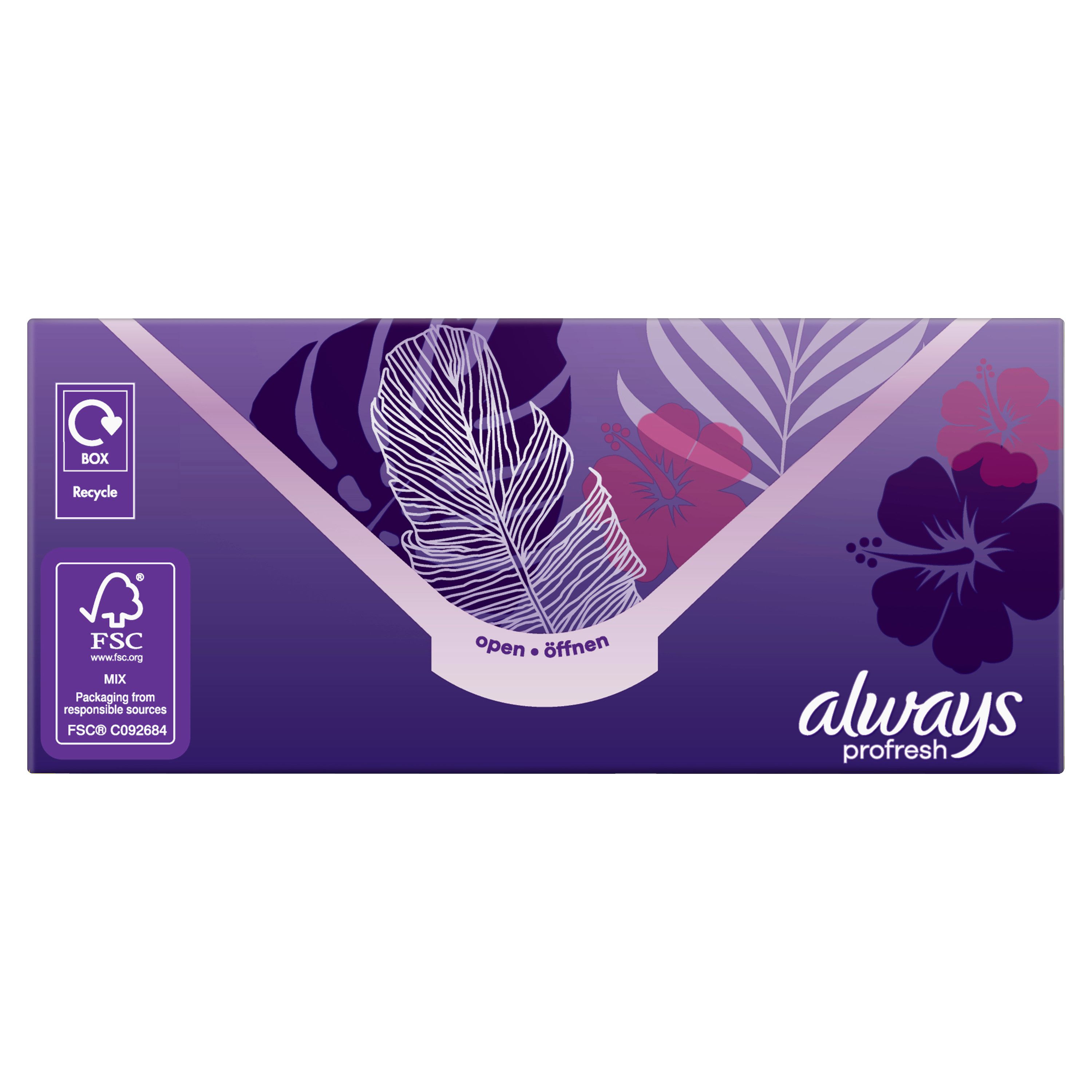 Always ProFresh Packung. Lila Verpackung mit Recycling- und FSC-Siegeln. Text: open/öffnen.