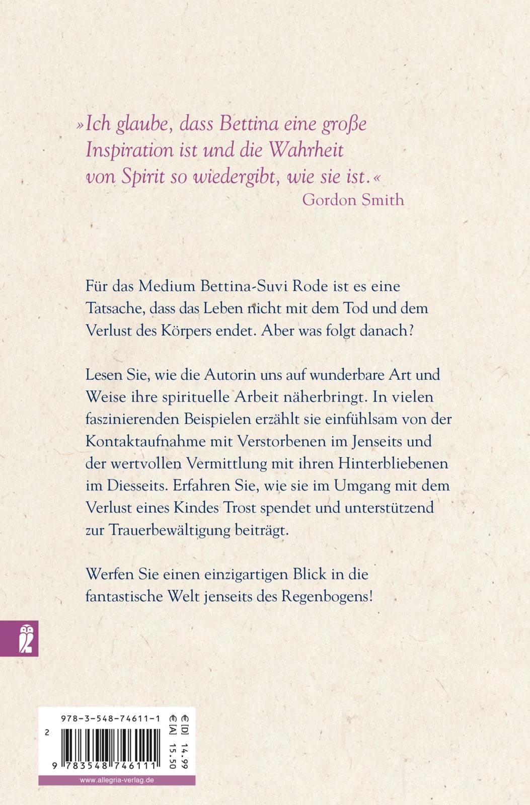Rückseite des Buches mit Text, Autorin Bettina-Suvi Rode, Verlag Allegria, ISBN-Code und Preis.