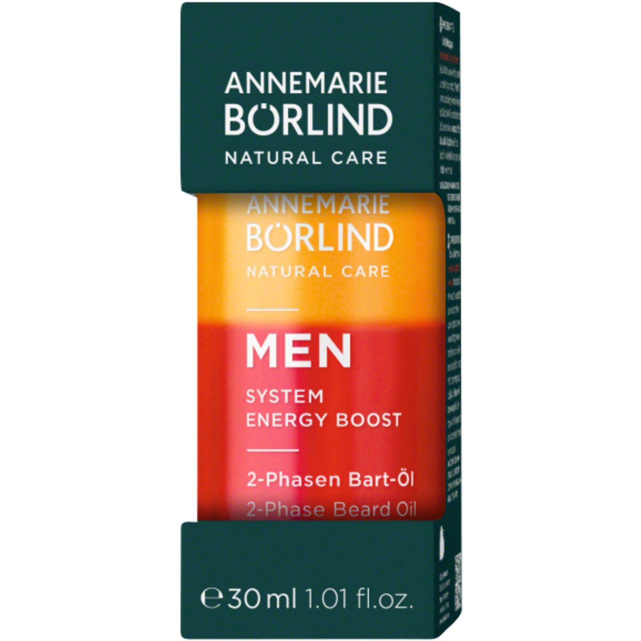 ANNEMARIE BÖRLIND MEN 2-Phasen Bart-Öl in Verpackung. Grün-weiße Schachtel. Text: MEN, 2-Phasen Bart-Öl, 30 ml.