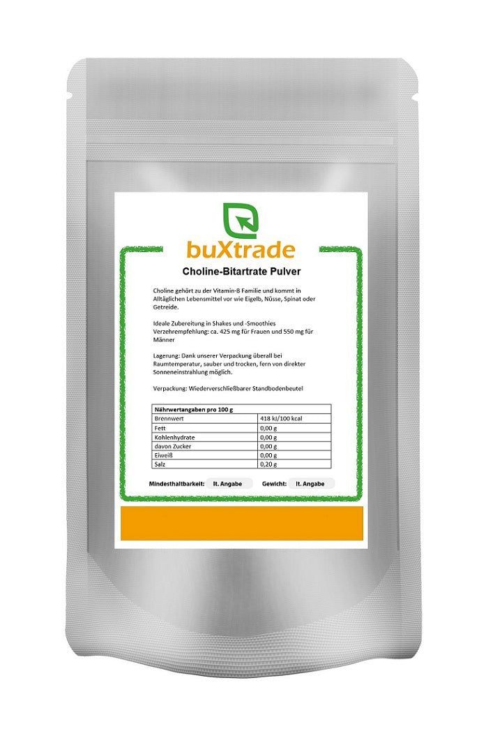 Beutel mit buXtrade Choline-Bitartrate Pulver. Grün-weißes Etikett mit Produktinformationen und Nährwertangaben. Wiederverschließbarer Standbodenbeutel.