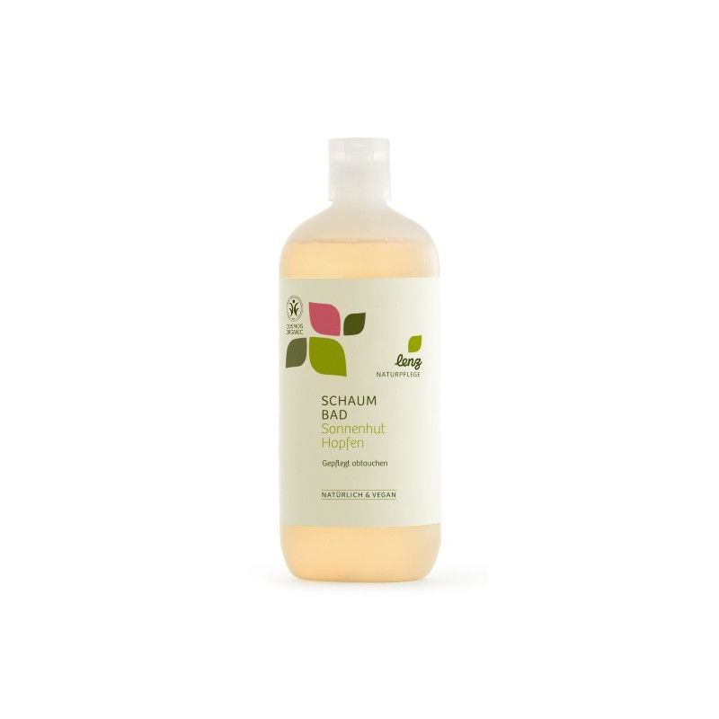Flasche mit gelblicher Flüssigkeit. Auf dem Etikett: Schaumbad Sonnenhut Hopfen, Lenz Naturkosmetik, Naturkosmetik-Siegel.