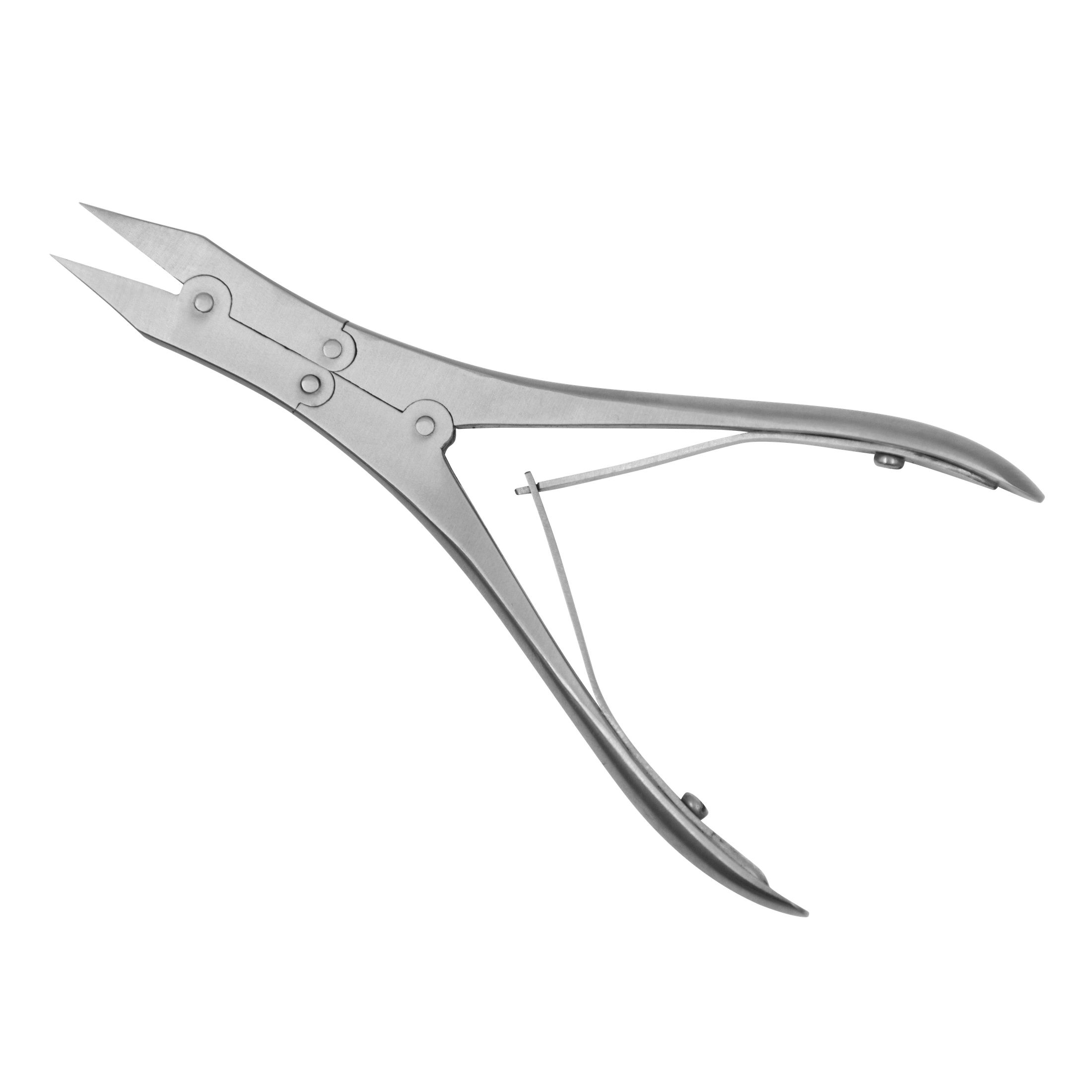 Nagelzange aus Edelstahl. Schlanke Form, gerade Schneide. Gelenk mit Feder. Ohne Griffe.