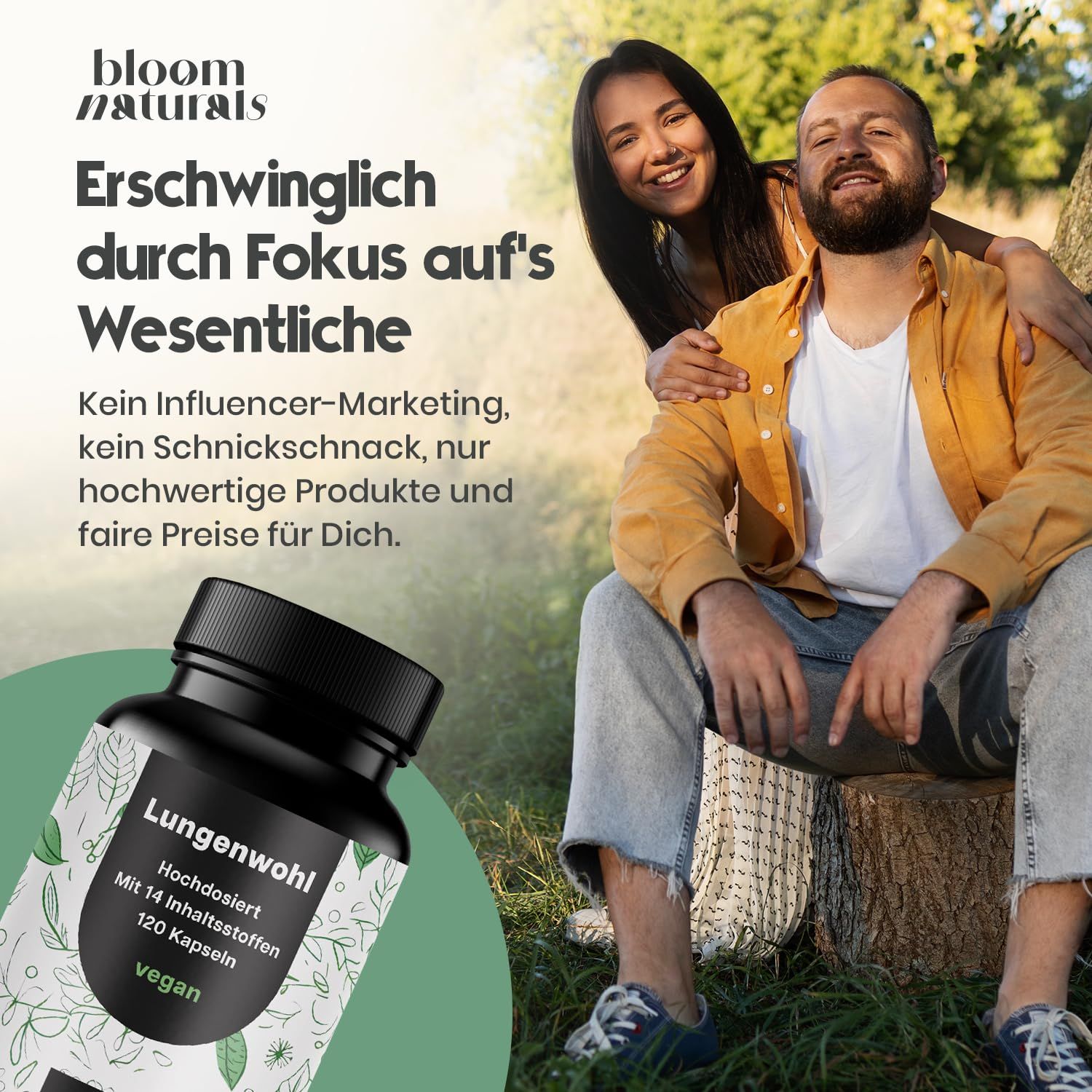 Mann und Frau lächeln. Dose mit Etikett: Lungenwohl, 120 Kapseln, vegan. Text: Erschwinglich durch Fokus.
