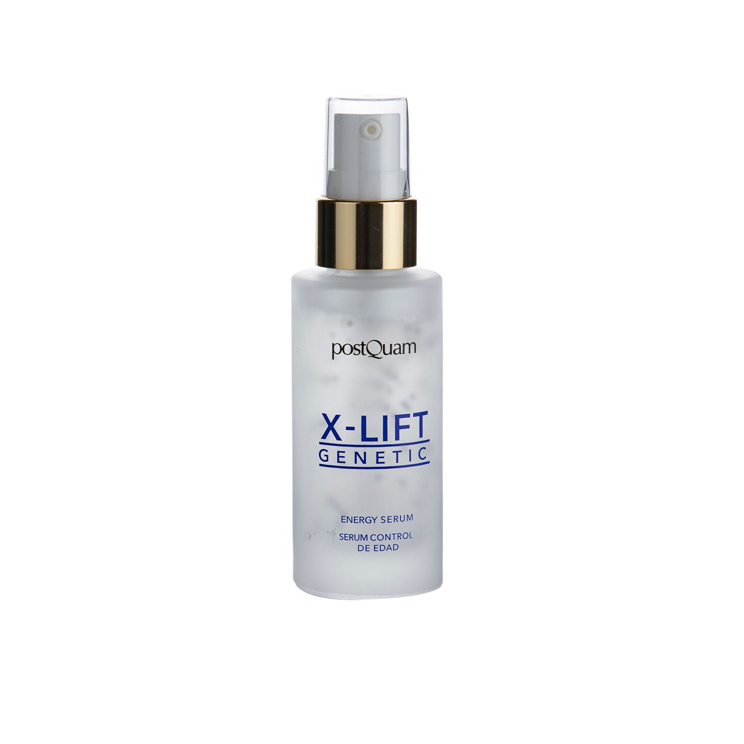 Serumflasche mit Sprühkopf. Aufschrift: X-Lift Genetic Energy Serum. Transparente Flasche mit weißen Partikeln.