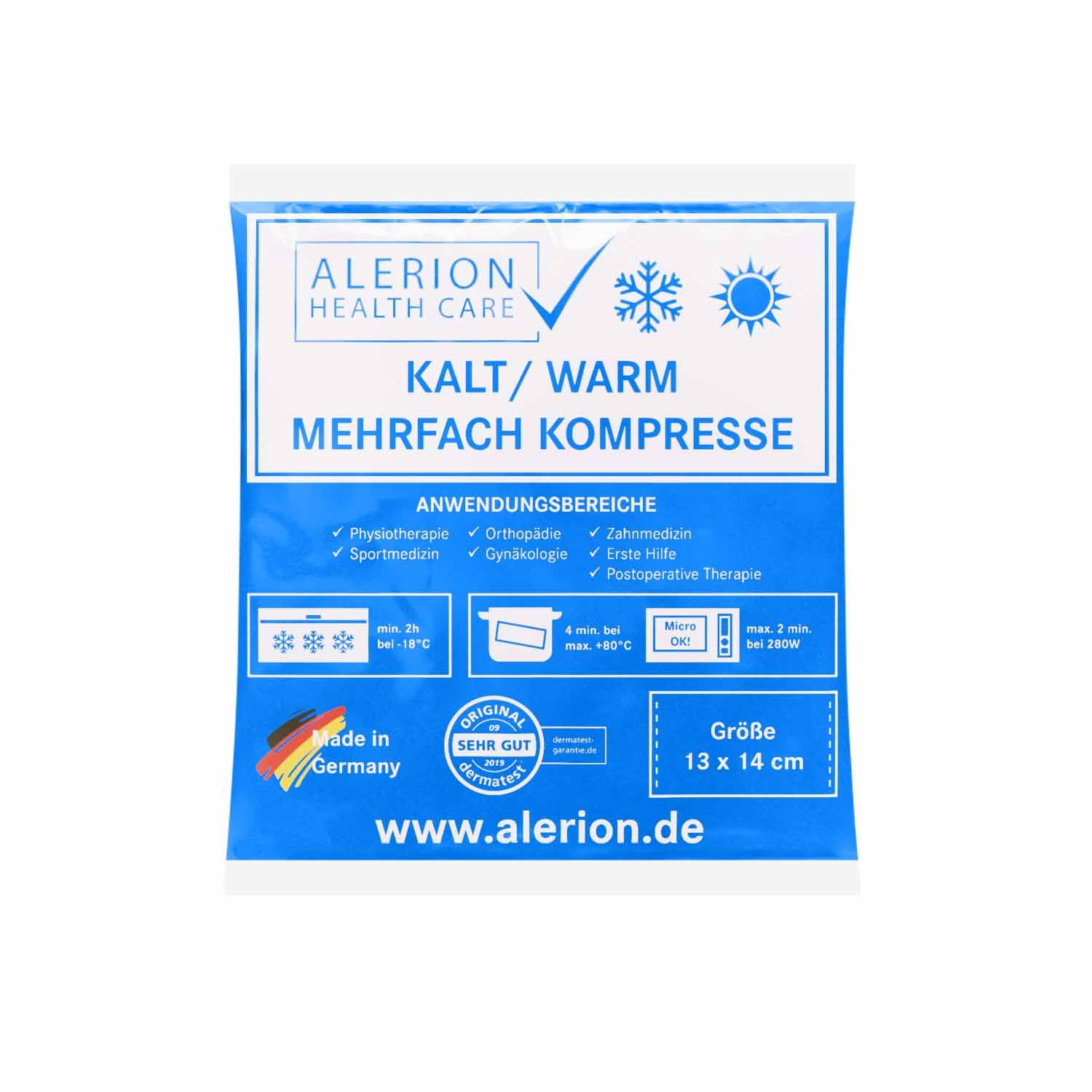 Kalt-Warm-Kompresse. Blaue Verpackung mit Produktinformationen. Größe: 13 x 14 cm. Marke: Alerion Health Care. Hergestellt in Deutschland.