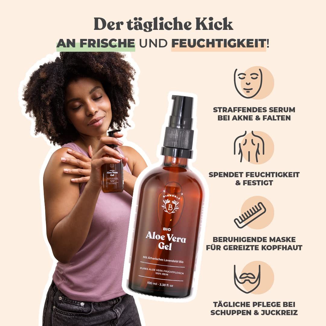 Braune Glasflasche mit Bionoble Bio Aloe Vera Gel. Frau hält Flasche, daneben Infografik mit Anwendungsbereichen.