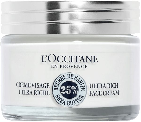 Creme-Glas mit silbernem Deckel. Aufschrift: L'Occitane, Ultra Rich Face Cream, 25% Shea Butter.