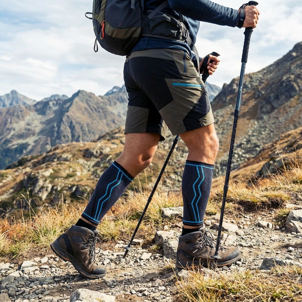 Person beim Wandern mit schwarzen Wadenbandagen und blauen Linien. Berge im Hintergrund.