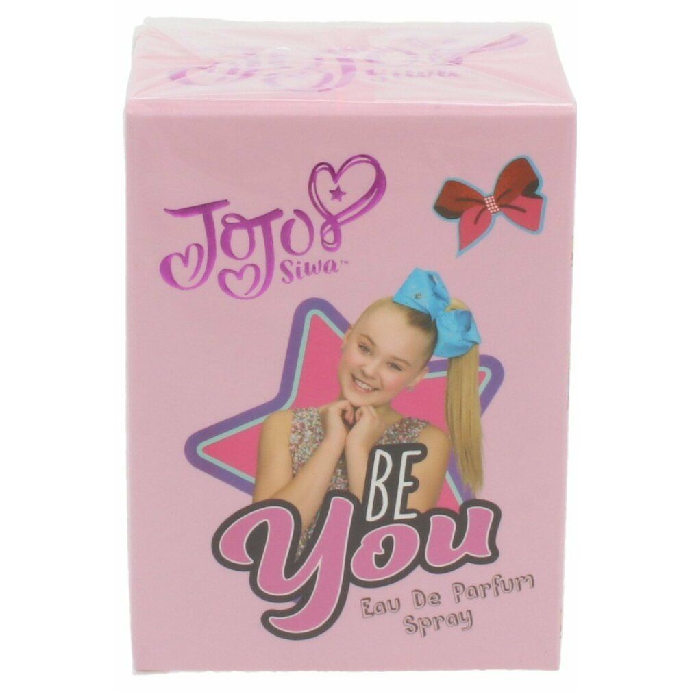 Rosa Schachtel mit "Jojo Siwa Be You" und Foto. Eau de Parfum Spray. Nickelodeon-Logo.