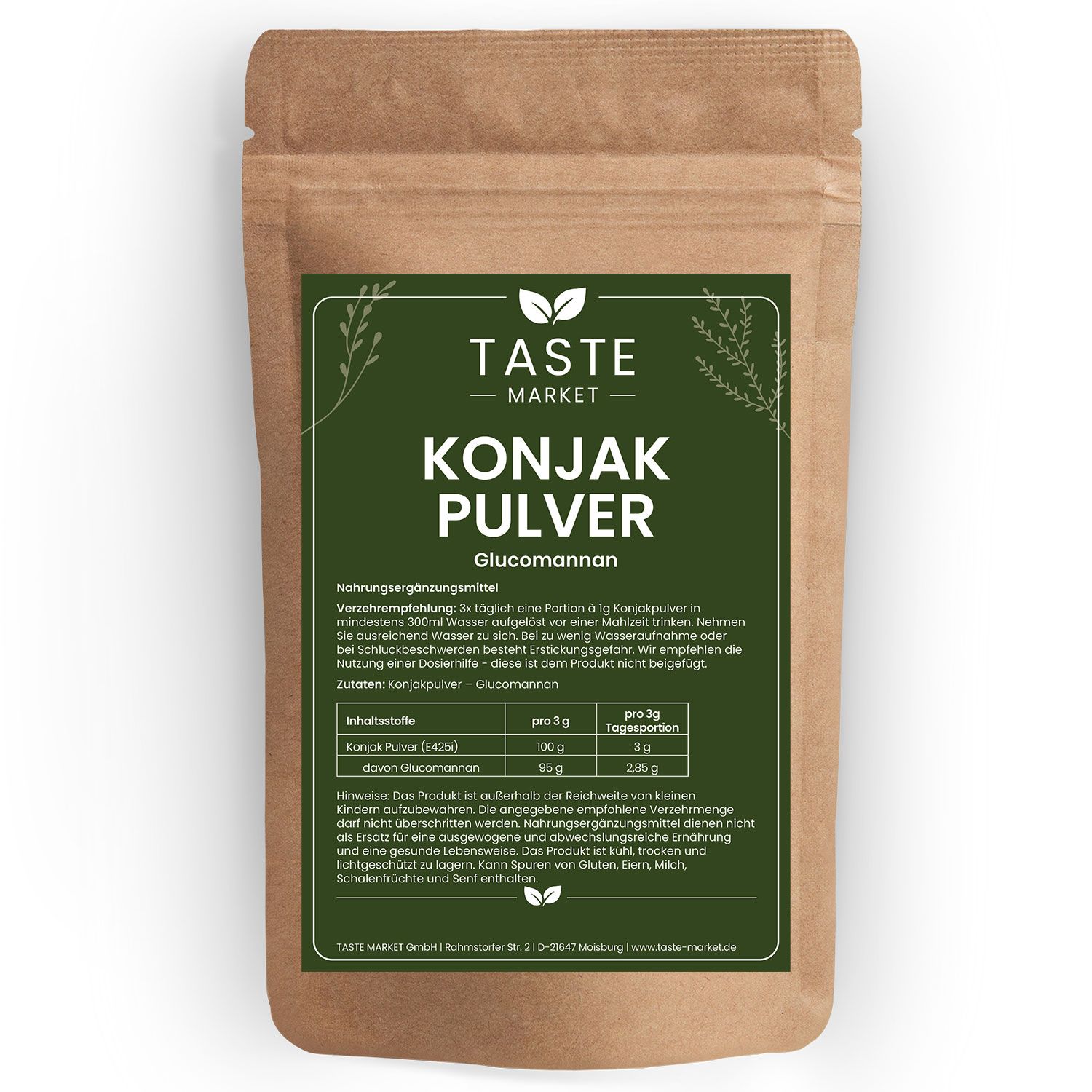 Taste Market Konjak Pulver (Glucomannan) in brauner Papiertüte mit Etikett.