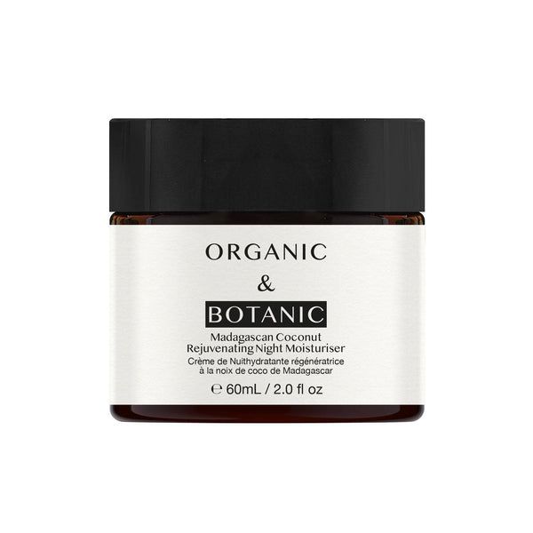 Creme-Tiegel mit schwarzem Deckel. Aufschrift: Organic & Botanic, Madagascan Coconut Rejuvenating Night Moisturiser.