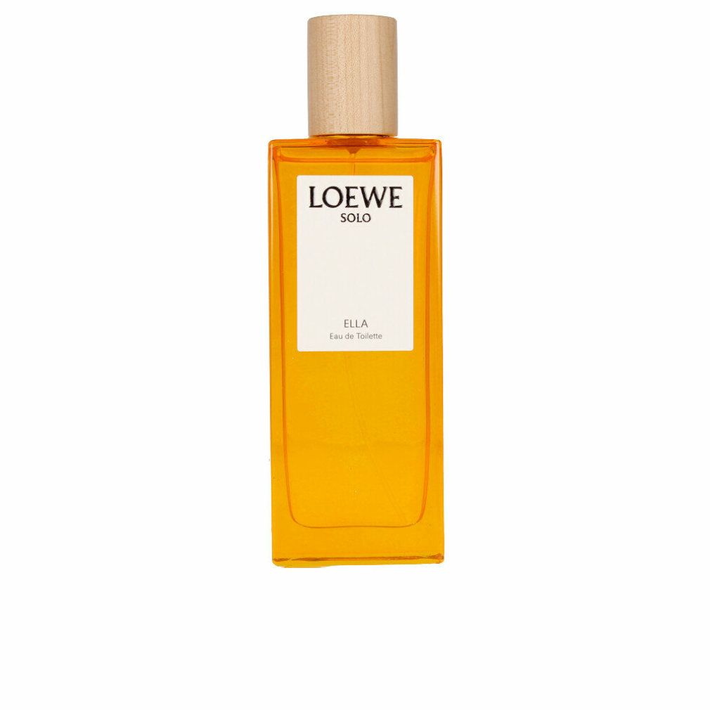 Rechteckiger Flakon mit Holzverschluss. Aufschrift: LOEWE SOLO ELLA Eau de Toilette. Gelbe Flüssigkeit sichtbar.