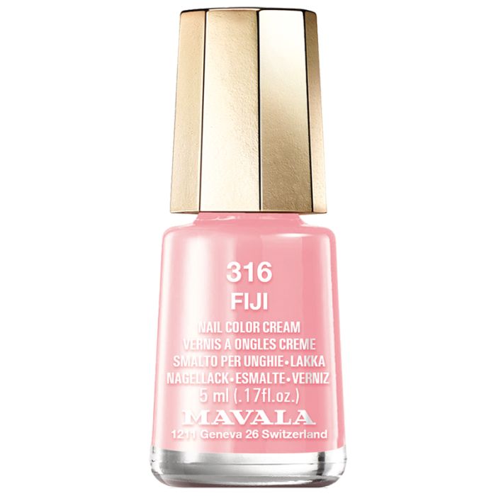 Rosa Nagellackflasche mit goldenem Deckel. Aufschrift: 316 FIJI, Nail Color Cream, 5 ml, MAVALA.