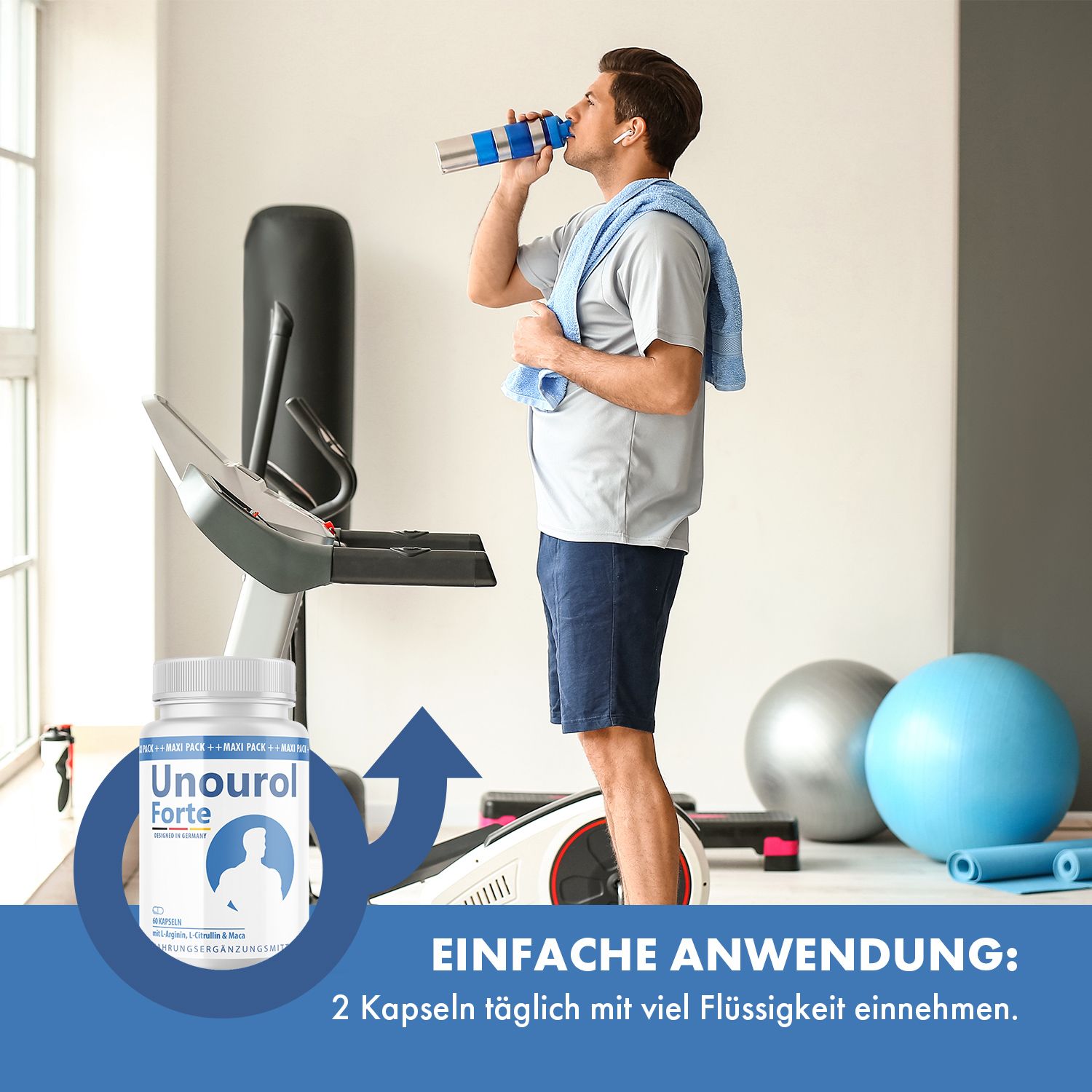 Mann trinkt Wasser auf Laufband. Daneben Kapsel-Dose. Text: Einfache Anwendung: 2 Kapseln täglich mit viel Flüssigkeit einnehmen.