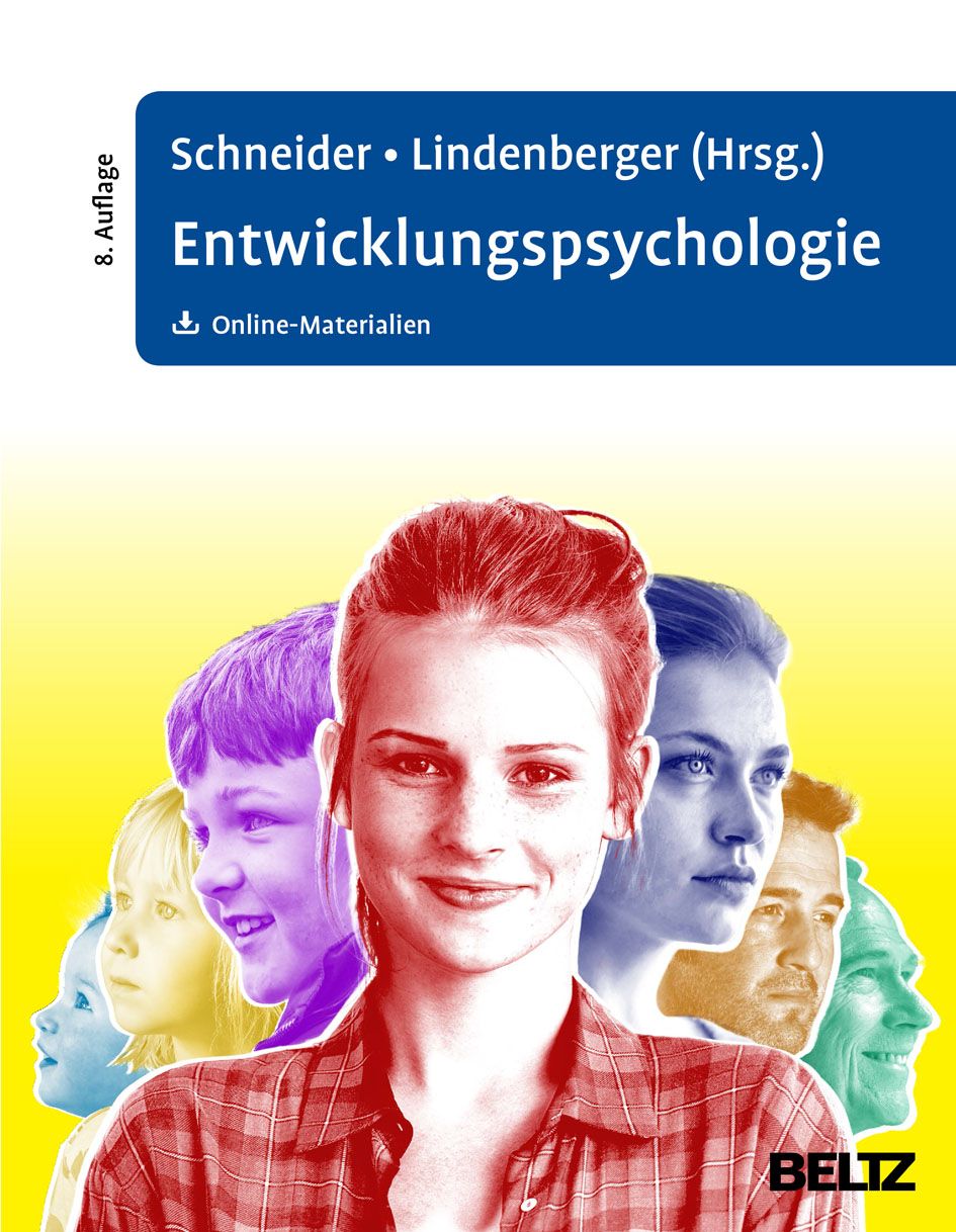 Buchcover: Entwicklungspsychologie, 8. Auflage. Titel und Autoren. Personenköpfe in verschiedenen Farben.