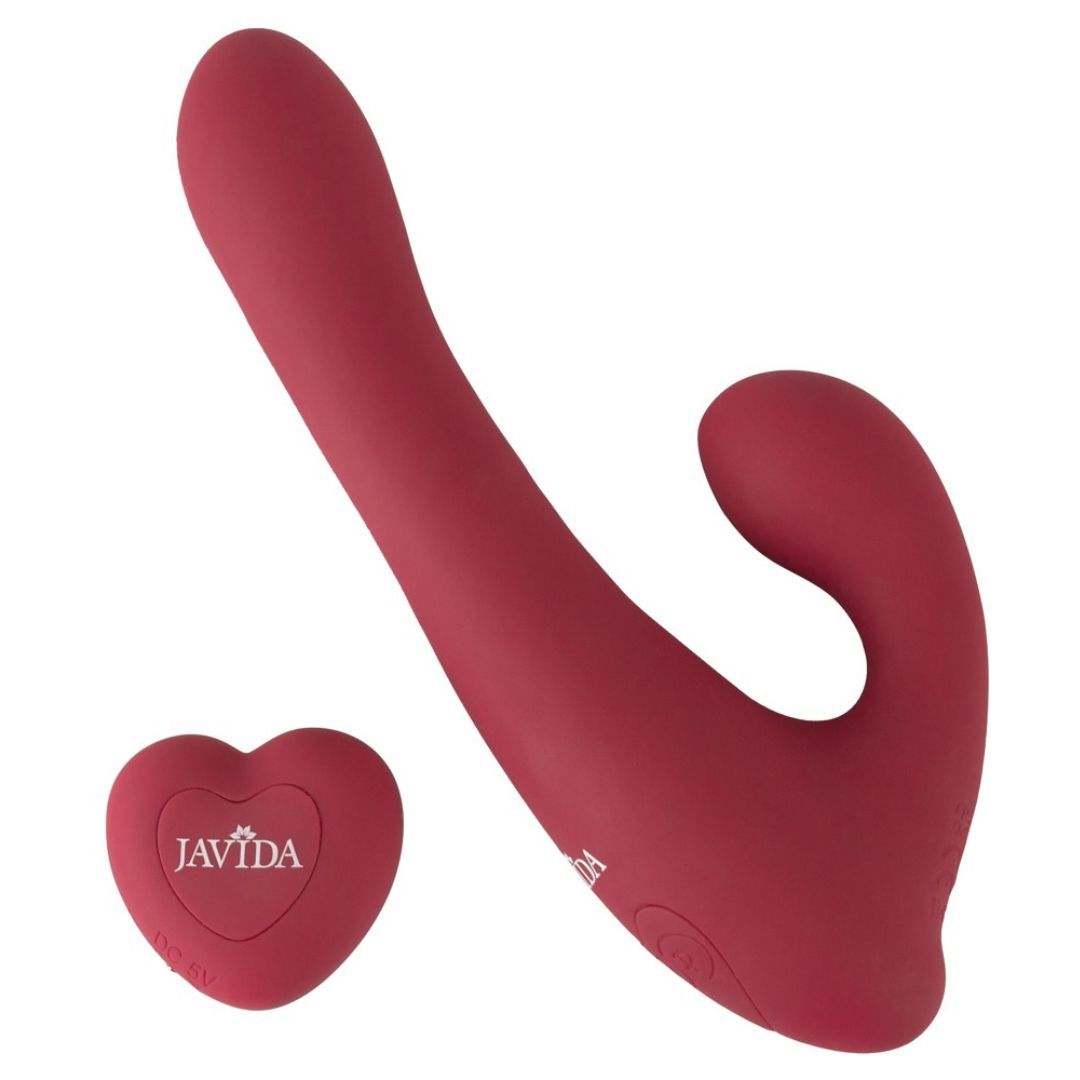 Weinroter Vibrator mit Herz-Fernbedienung. Das Herz trägt den Markennamen Javida. Der Vibrator hat eine geschwungene Form.