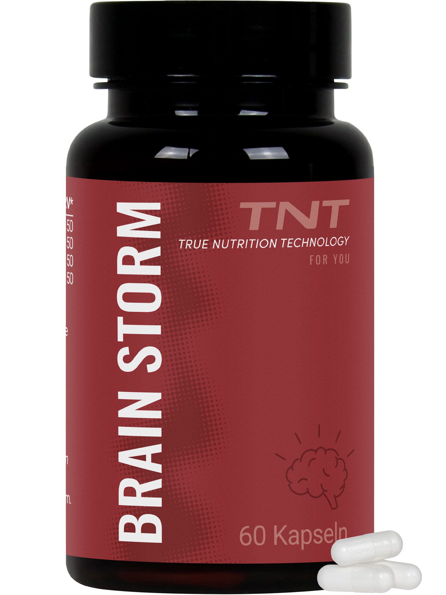 Braune Flasche mit weißen Kapseln. Aufschrift: BRAIN STORM, TNT, 60 Kapseln.
