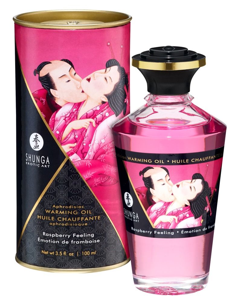 Massageöl-Flasche und Dose. Aufdruck mit küssendem Paar. Text: Shunga, Warming Oil, Himbeer-Feeling. Rosa Flüssigkeit.