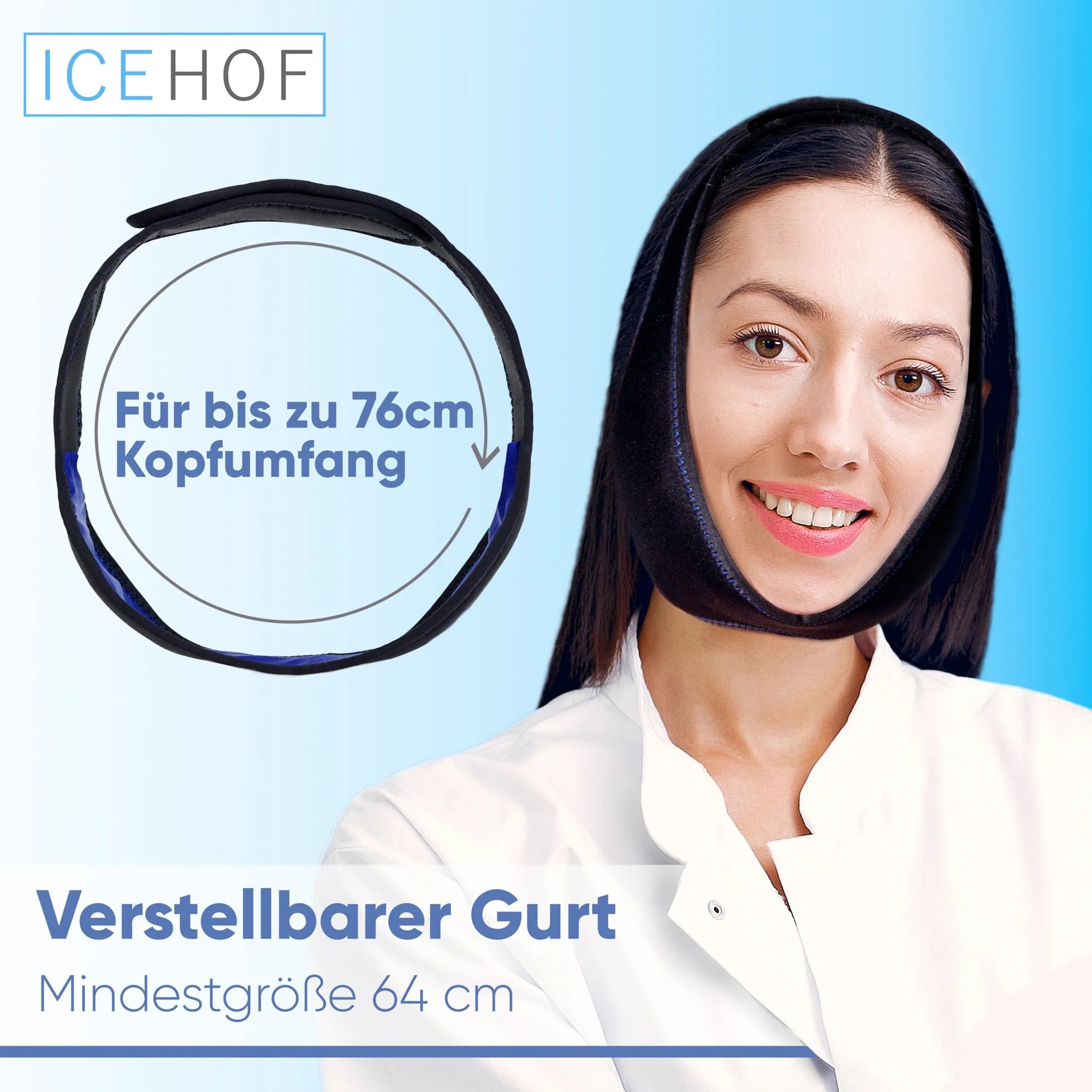 ICEHOF verstellbare Kühlbandage für den Kopfumfang bis 76 cm.