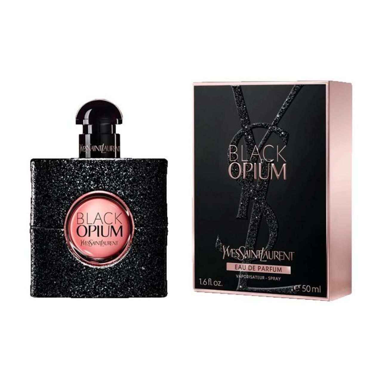 Schwarzer Flakon und Verpackung. Aufschrift Black Opium. Rosa Etikett. 1.6 fl. oz. Eau de Parfum Spray.