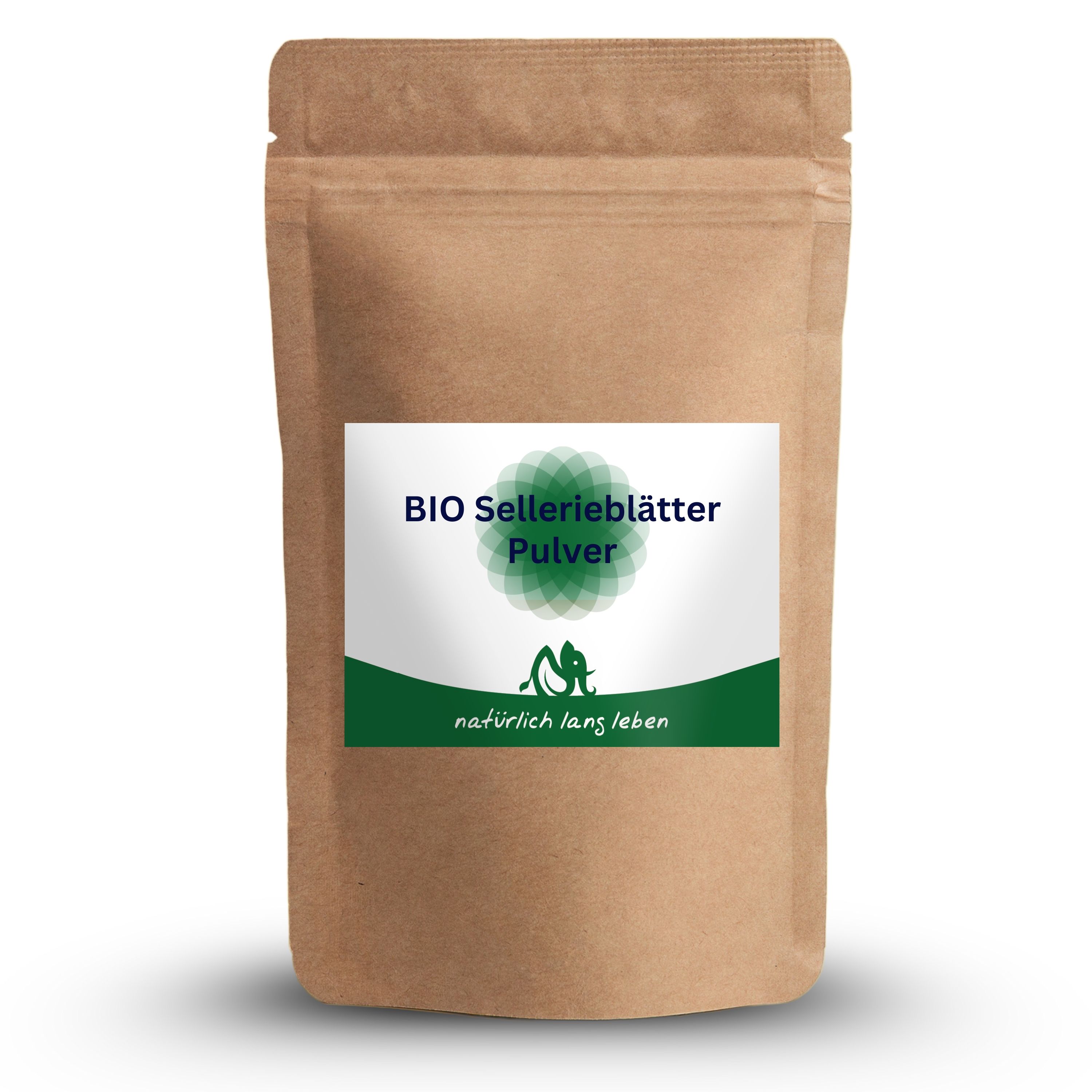 Beutel mit Etikett. Aufschrift: BIO Sellerieblätter Pulver. Grün-weißes Logo. Braune Papierverpackung.