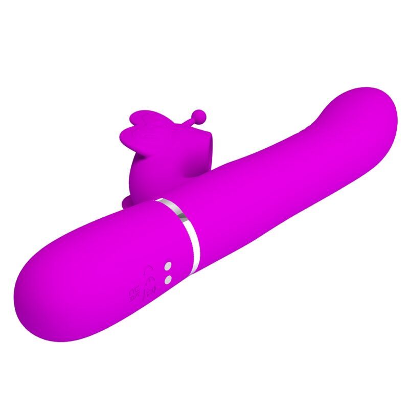 Lila Vibrator mit Hasenohren-Design. Schräge Ansicht. Glatte Oberfläche, silberne Akzente.