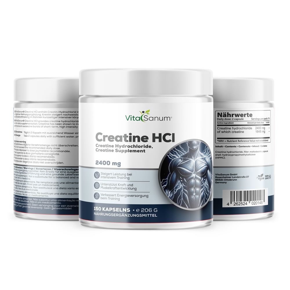 Drei VitaSanum® Creatine HCl-Dosen. Aufschrift: Creatine HCl, 2400 mg. Enthält 150 Kapseln. Abbildung eines muskulösen Körpers.