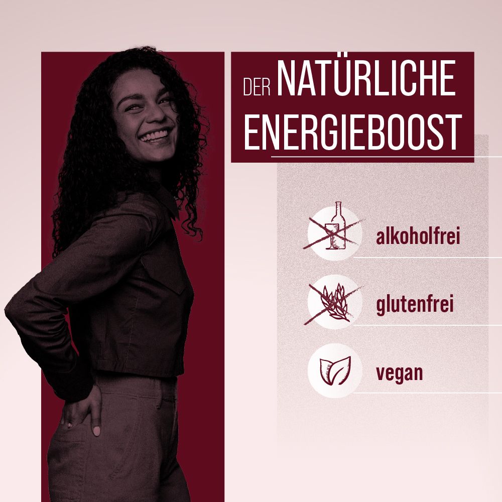 Infografik: Der natürliche Energieboost. Alkohol-, glutenfrei, vegan.