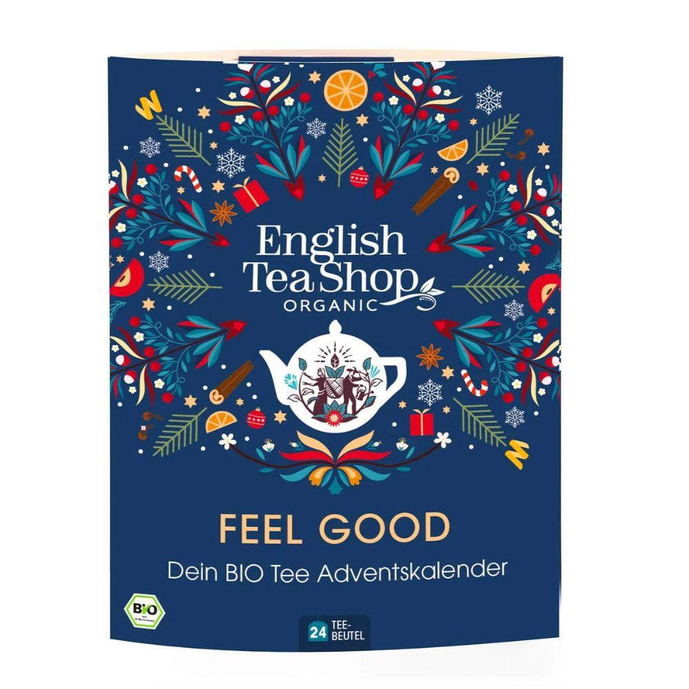 Blauer Adventskalender. English Tea Shop Logo. "Feel Good" und "24 Teebeutel" sind sichtbar. Bio-Siegel.