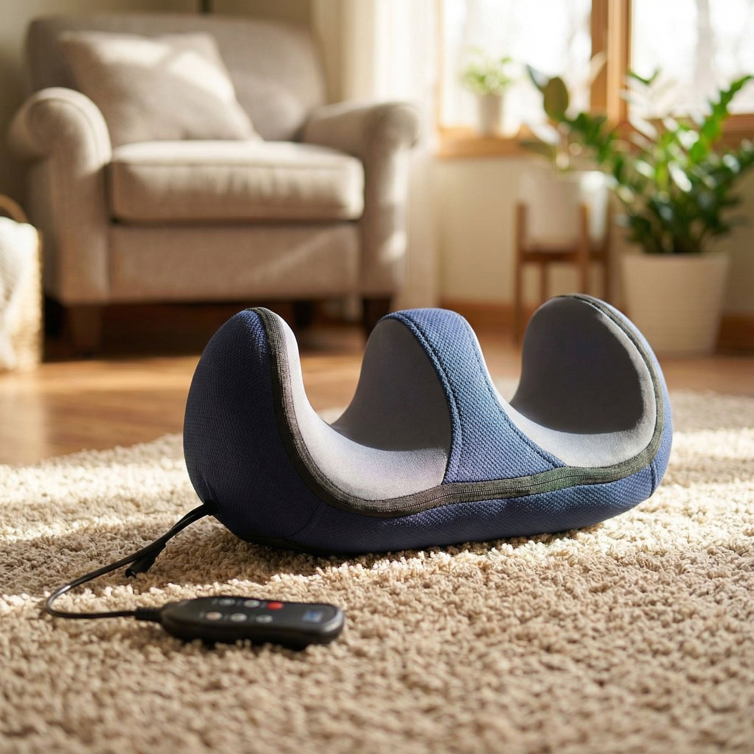 Blau-graues Massagegerät auf Teppich. Mit Kabelfernbedienung. U-förmig.