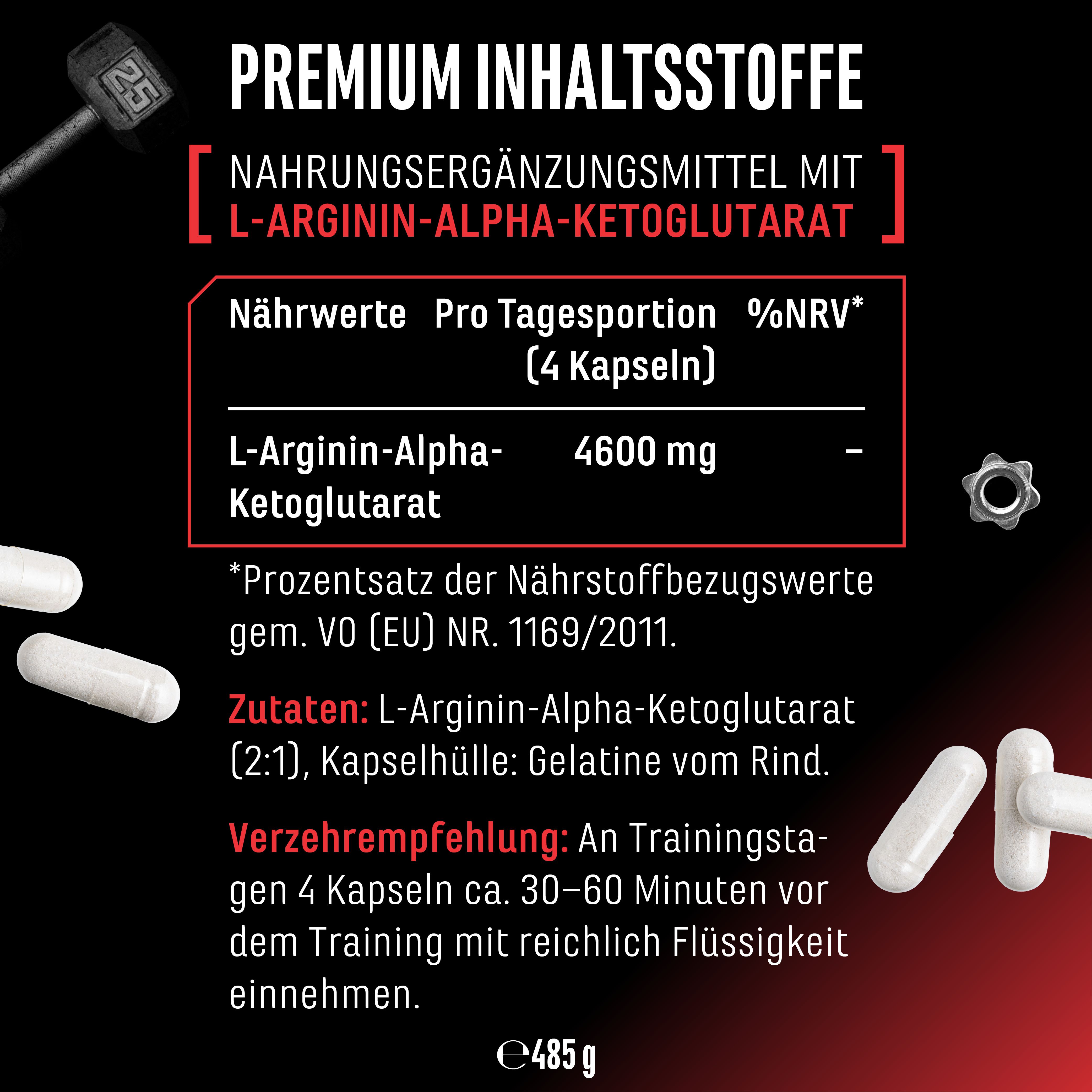 Nährwertangaben für AAKG 2:1 Ultra Caps. Pro Tagesportion (4 Kapseln): L-Arginin-Alpha-Ketoglutarat 4600 mg. Zutaten: L-Arginin-Alpha-Ketoglutarat.