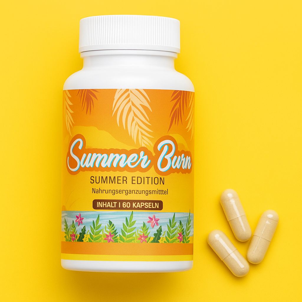 Weiße Flasche mit gelbem Etikett. Aufschrift: Summer Burn, Summer Edition. Inhalt: 60 Kapseln. 3 Kapseln daneben.
