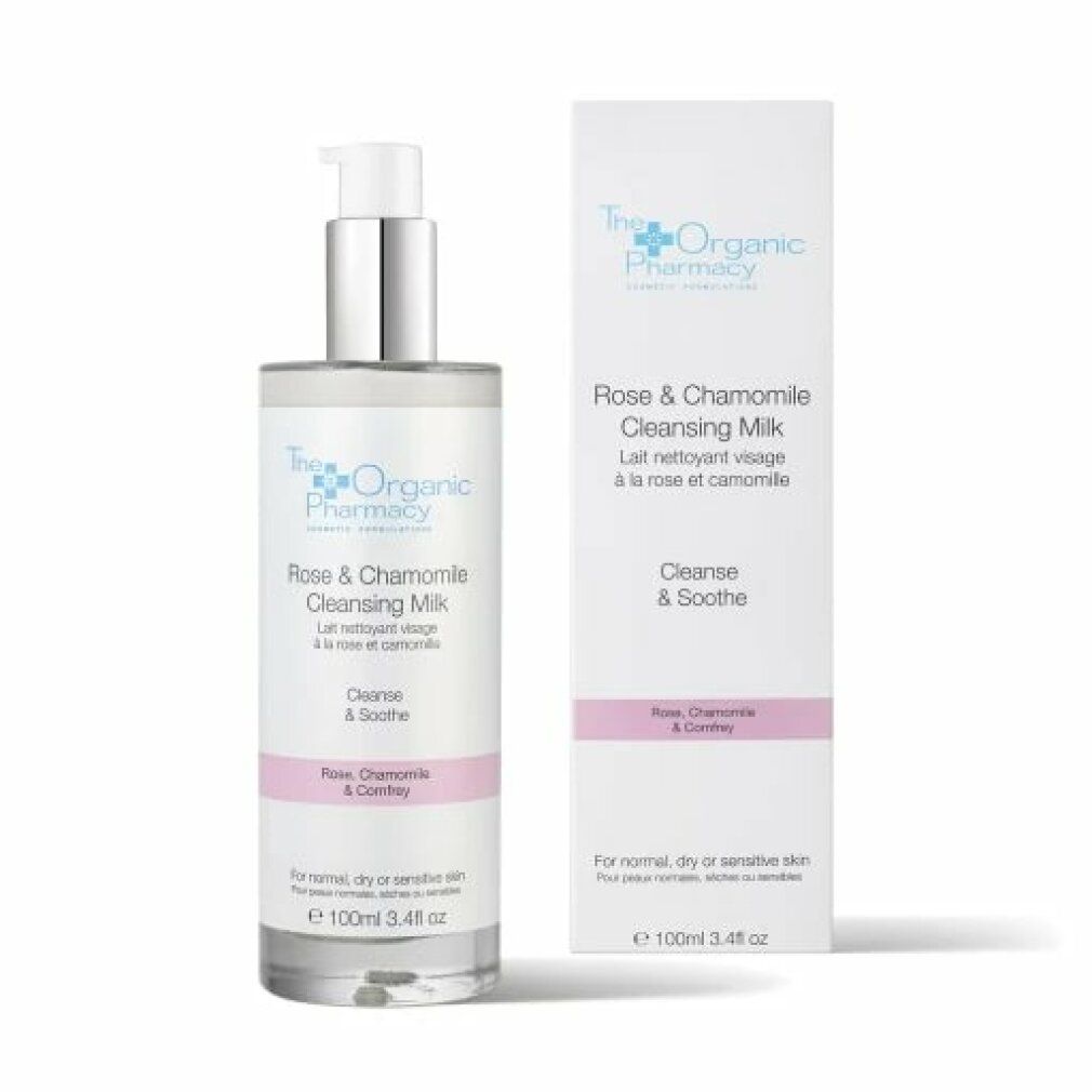 Reinigungsmilch mit Pumpe und Verpackung. Text: Rose & Chamomile Cleansing Milk. Für normale, trockene oder empfindliche Haut.