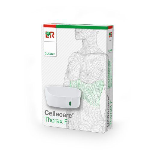 Verpackung von Cellacare® Thorax F Classic. Weißer Bandage-Teil, grüne Umrisszeichnung des Brustkorbs. L&R Logo und Produktname sichtbar.