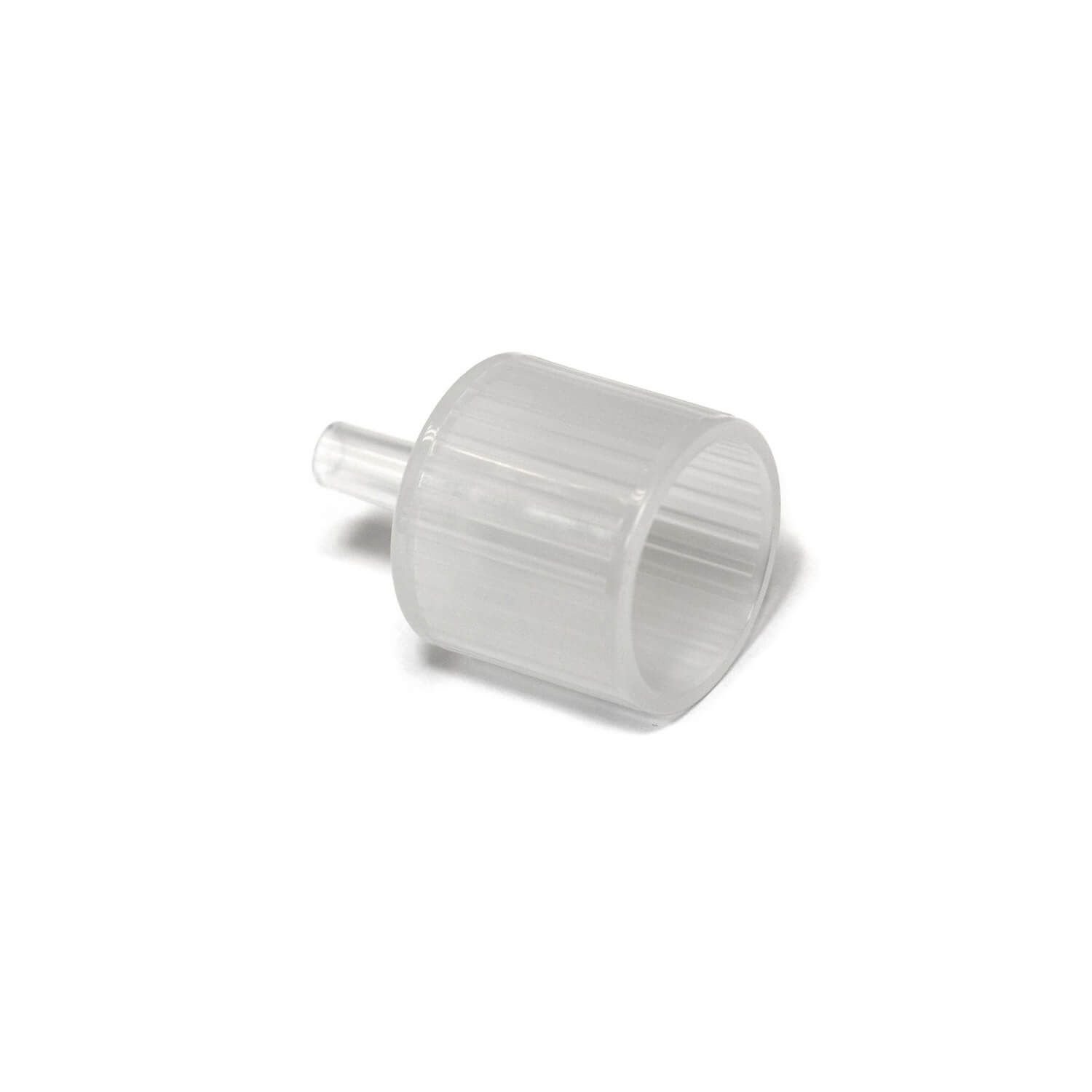 Transparenter Sauerstoffschlauch-Adapter. Zylindrische Form mit geriffelter Oberfläche. Ein kleiner Anschluss ragt seitlich heraus.