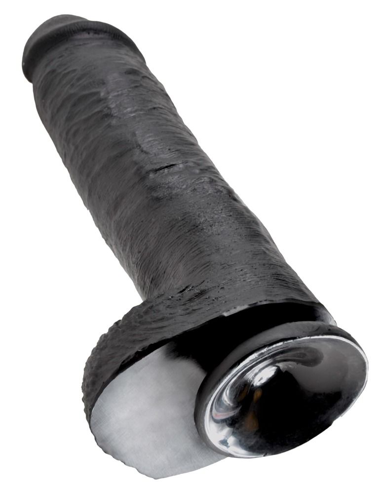 Schwarzer Dildo mit Saugnapf. Der Saugnapf ist silberfarben und am Ende des Dildos angebracht.