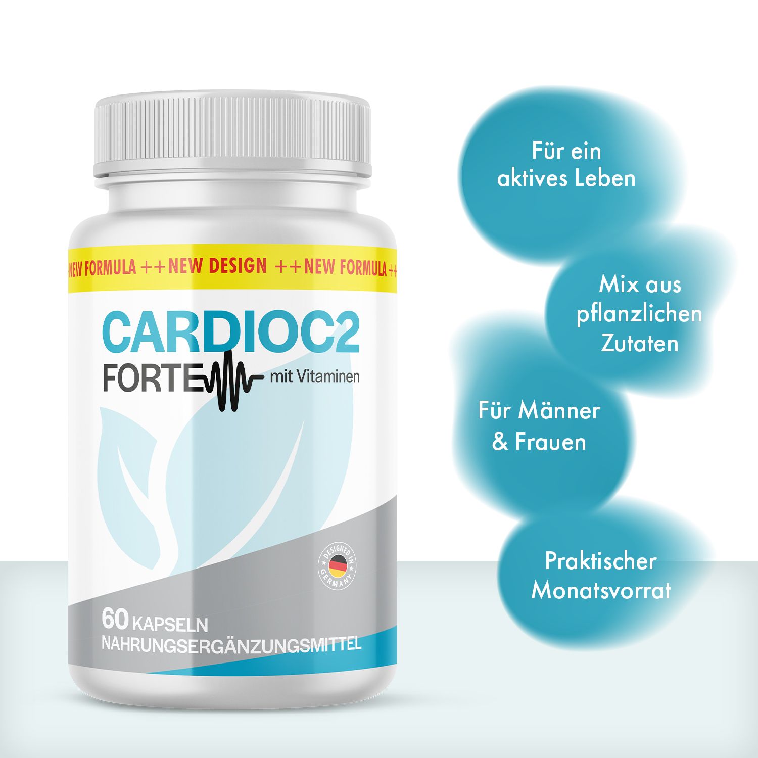 Weiße Flasche mit gelbem Etikett. Aufschrift: CARDIOC2 FORTE mit Vitaminen. Enthält 60 Kapseln. Zusätzliche Textblasen.