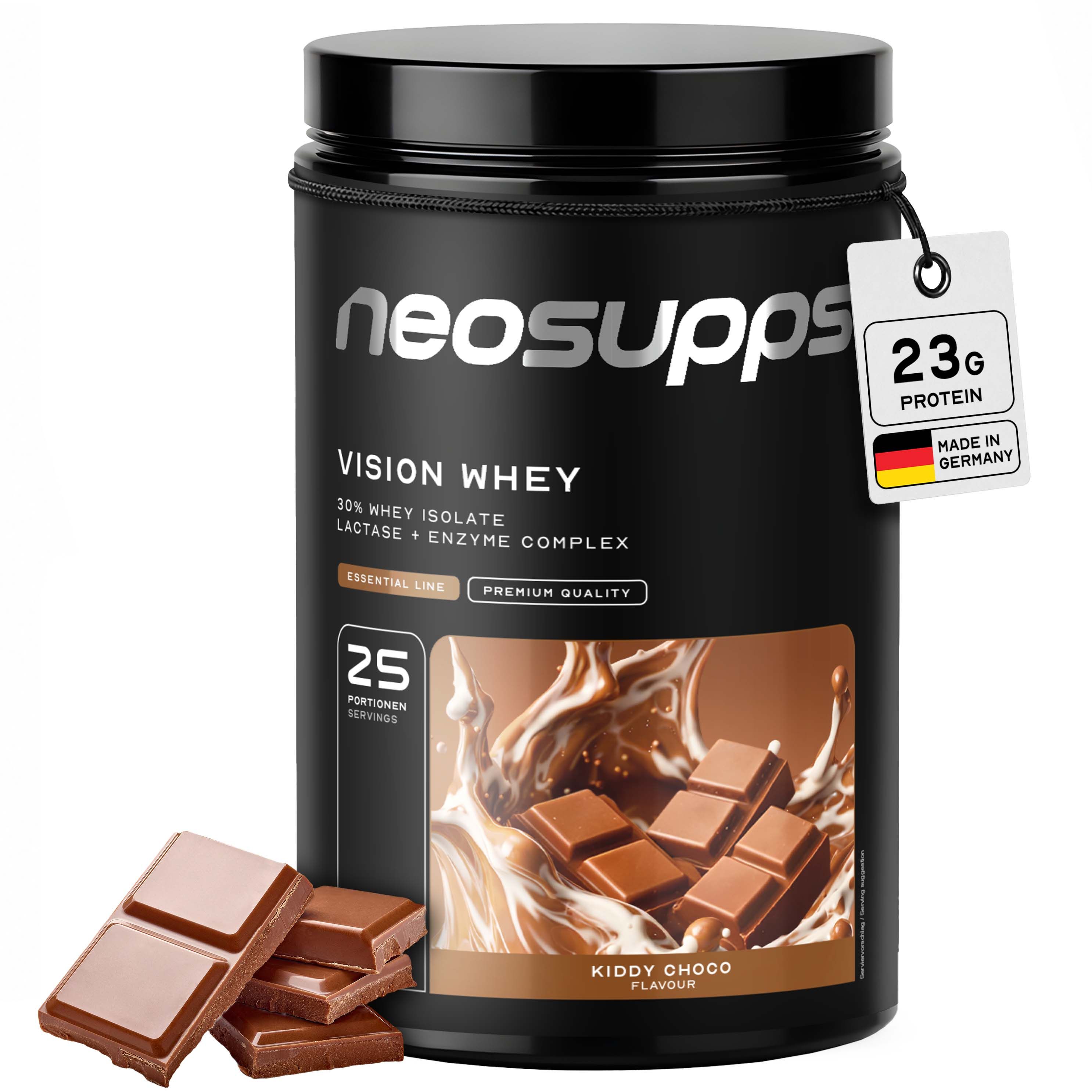 Schwarzer Behälter mit Neosupps Vision Whey Protein Kiddy Choco. Enthält Schokoladenstücke und 23g Protein.