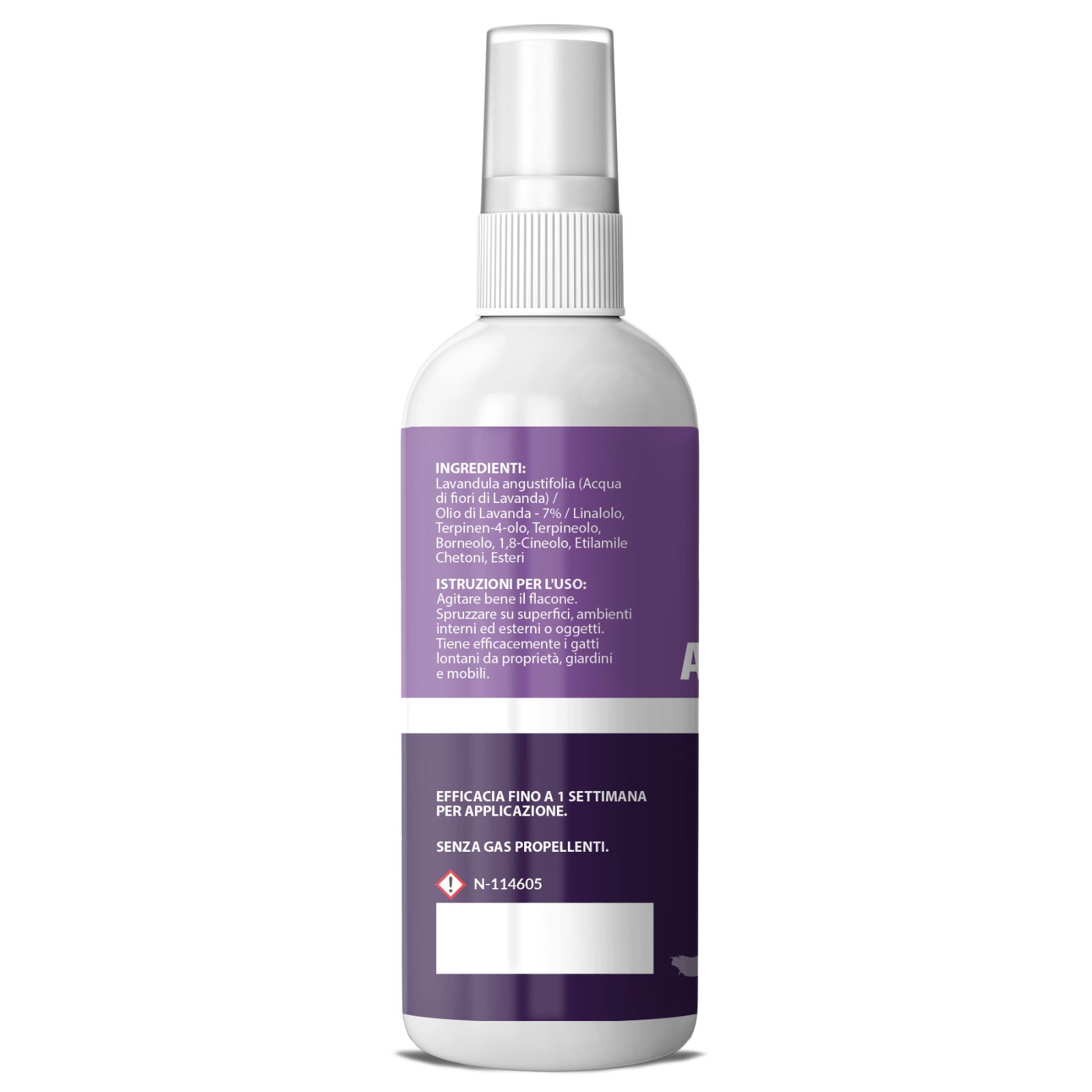 Retro del flacone spray bianco. Testo: Ingredienti, Istruzioni per l'uso, Efficacia fino a 1 settimana. Senza gas propellenti. N-114605.