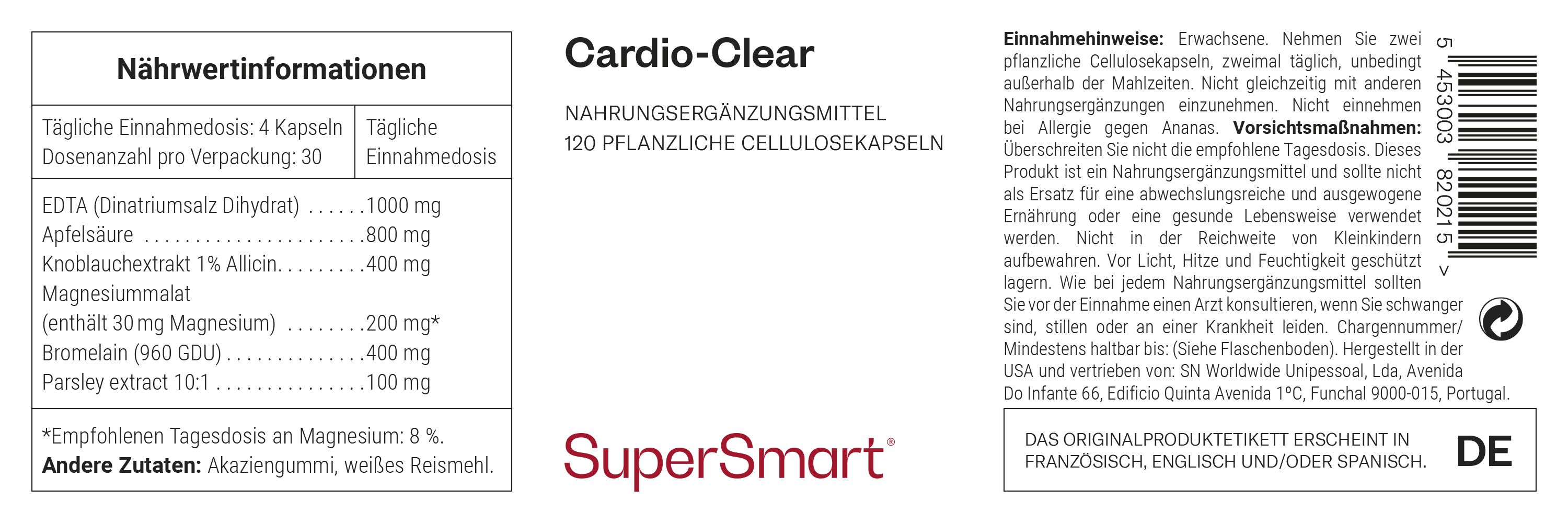 Etikett von Cardio-Clear. Enthält Nährwertinformationen, Dosierung und Inhaltsstoffe. 120 pflanzliche Zellulosekapseln.
