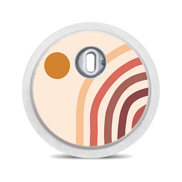 Runder Aufkleber mit Sonne und Regenbogen. Beige, braune Farbtöne. Für medizinische Geräte.