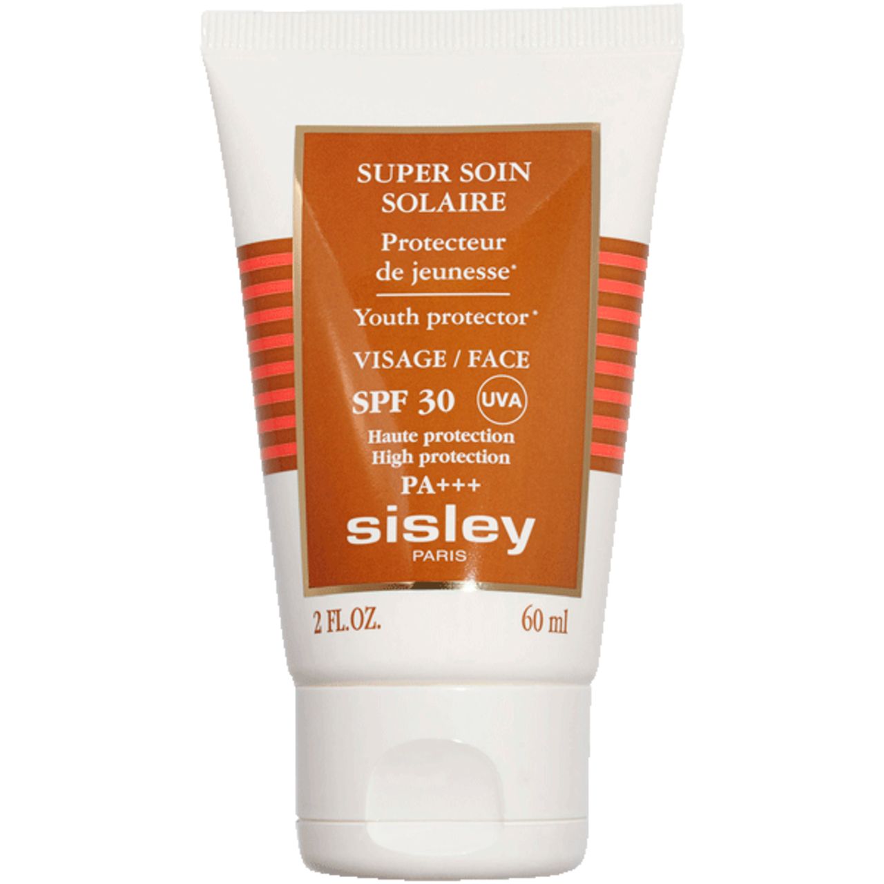 Weiße Tube mit braunem Etikett. Text: Super Soin Solaire, SPF 30, Sisley Paris. 60 ml.
