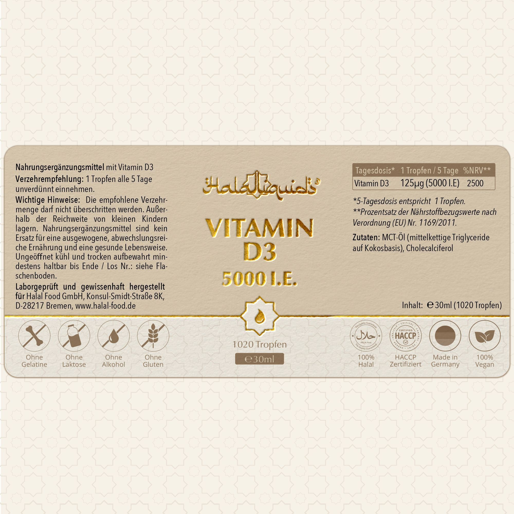 Etikett mit Nährwertangaben für Vitamin D3 Tropfen 5000 I.E. Enthält MCT-Öl. Halal, HACCP, Made in Germany.