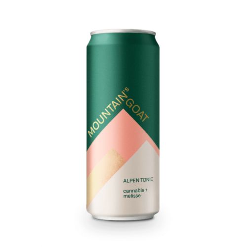 Aluminiumdose mit grünem Deckel und weißem Boden. Aufschrift: Mountain's Goat, Alpen Tonic, cannabis + melisse. Design mit rosa und goldenen Elementen.