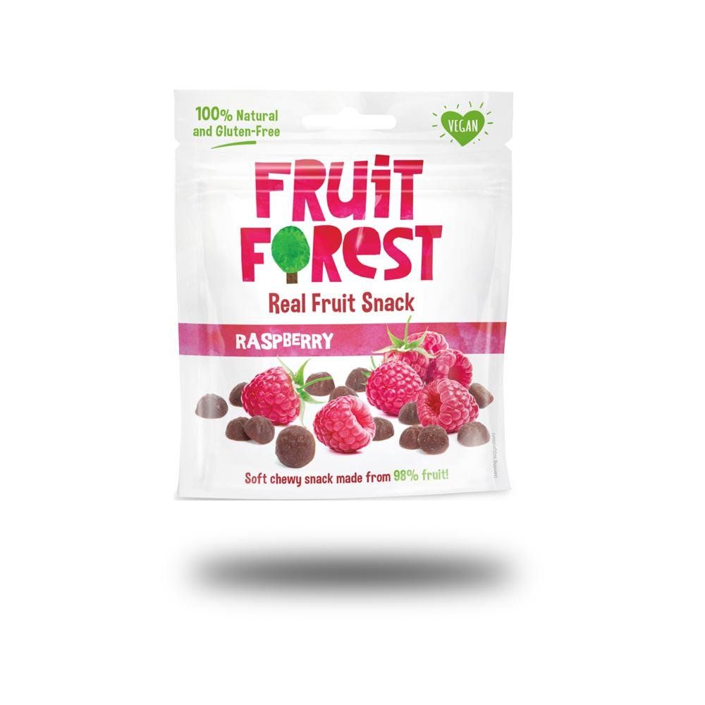 Beutel mit Fruchtgummi. Aufschrift: Fruit Forest, Himbeere, vegan, glutenfrei. Abgebildet sind Himbeeren und Schokoladenstücke.