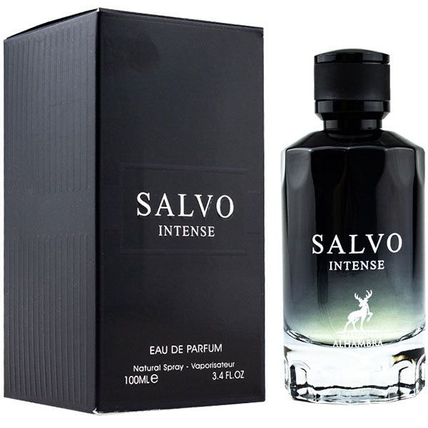 Schwarze Parfumflasche und Verpackung. Schriftzug "SALVO INTENSE". Schwarze Verpackung mit Logo.
