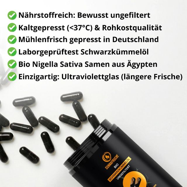 Schwarzkümmelöl Kapseln und offene Dose. Liste mit Produkteigenschaften wie 'kaltgepresst' und 'BIO'.