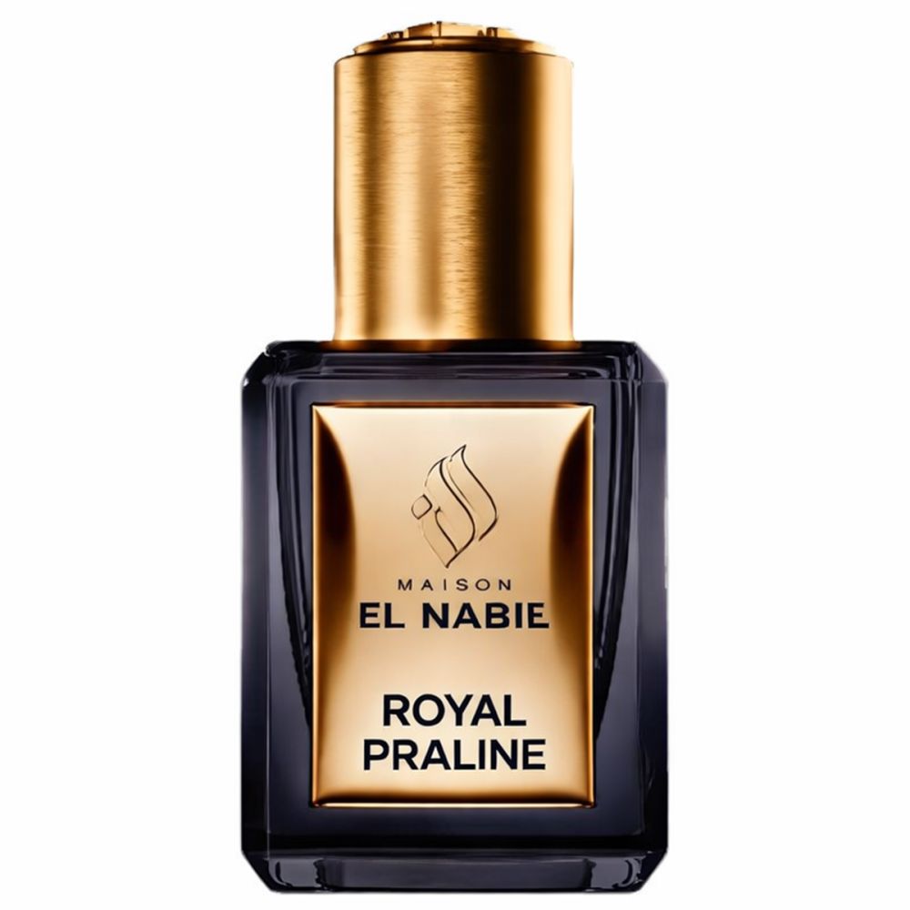 Schwarze Flasche mit goldener Aufschrift. Goldener Deckel. Produktname: Royal Praline.